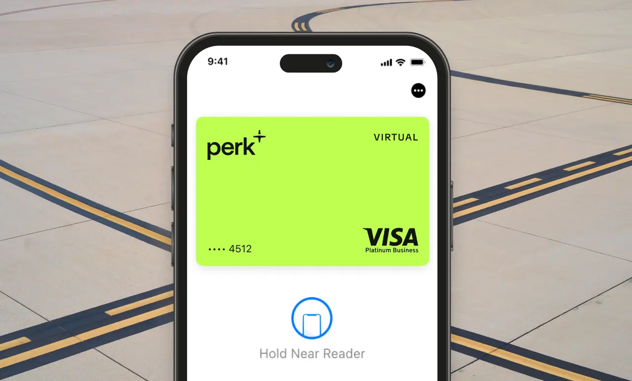 Smartphone screen displaying a digital wallet with a virtual Visa card labeled "perk+" ready for contactless payment.