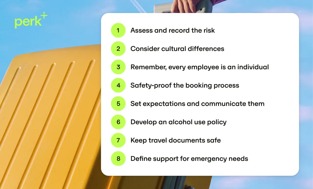 Checklist of eight travel-related safety and communication tips next to a yellow suitcase, with a blue sky background.