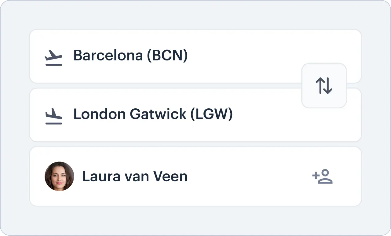 A view of the Perk platform showing a traveller’s departure and arrival airports, plus their details.