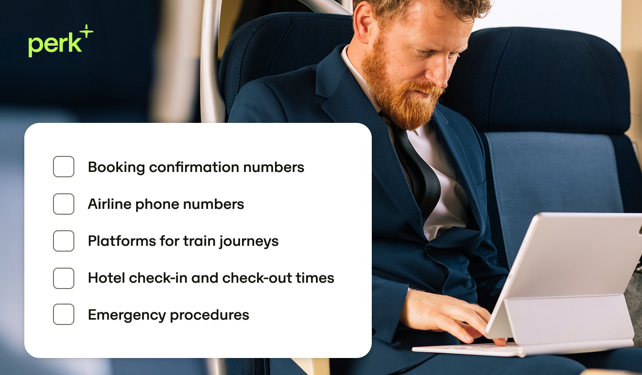 Man in a suit using a tablet on a plane, with a checklist beside him showing booking and travel items. Text: "perk+".