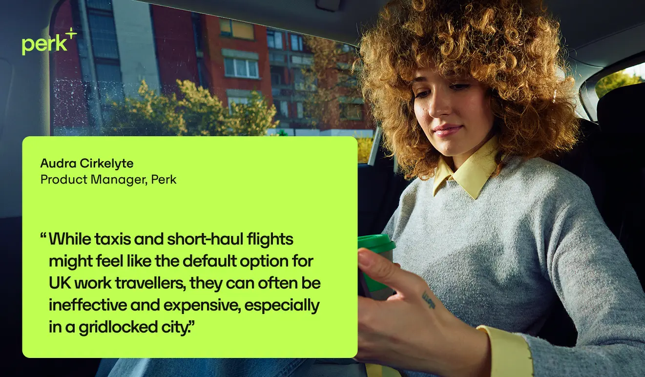 A woman sitting in a car, holding a coffee cup, with a quote on travel choices by Audra Cirkeiyte displayed next to her.