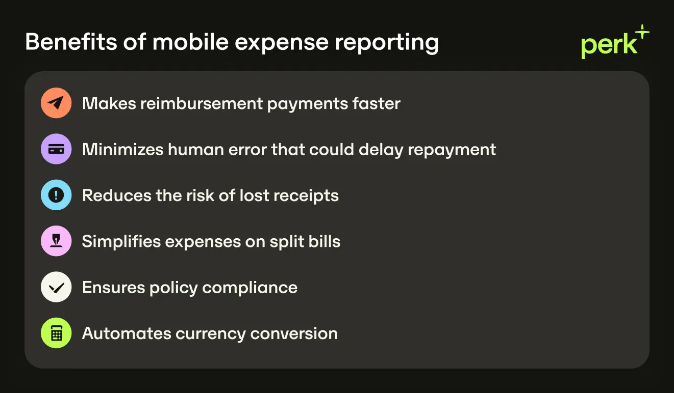 Benefits of mobile expense reporting: Makes reimbursement payments faster  Minimizes human error that could delay repayment  Reduces the risk of lost receipts  Simplifies expenses on split bills  Ensures policy compliance  Automates currency conversion