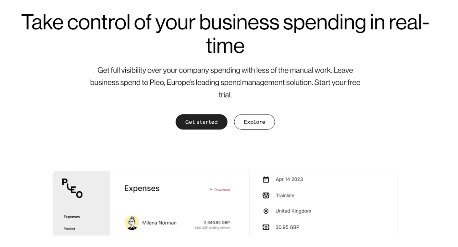 Business spending management interface with "Get started" and "Explore" buttons, showing expenses and transaction details.