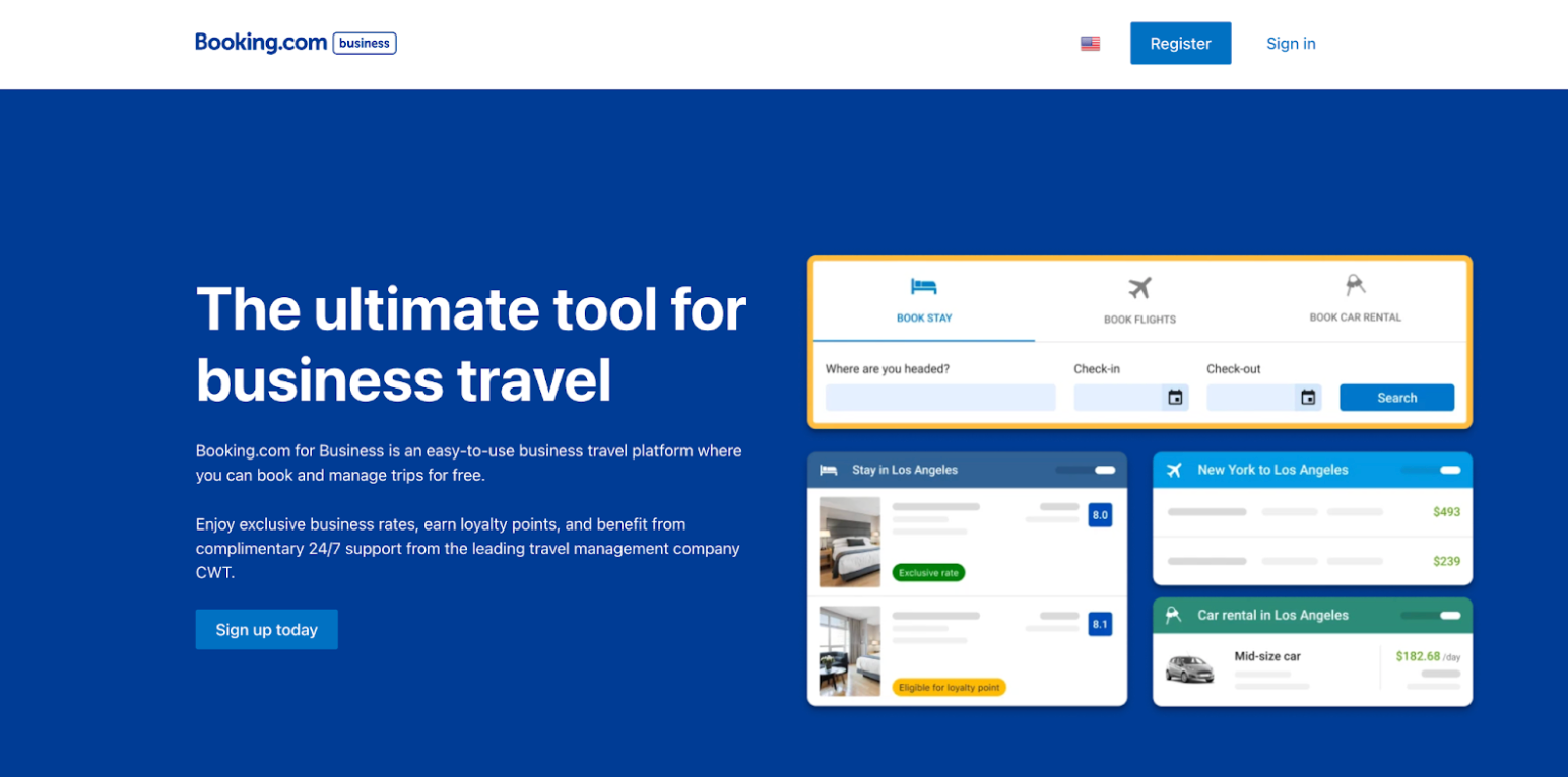 Booking.com business travel homepage with search tool for hotels, car rentals, and flights, featuring trip options and savings details.