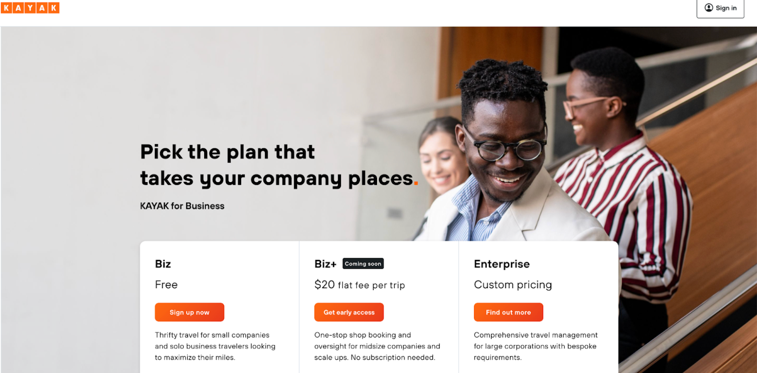 Three people smiling near a staircase with text about KAYAK for Business plans: Biz, Biz+, and Enterprise, each with different pricing and features.