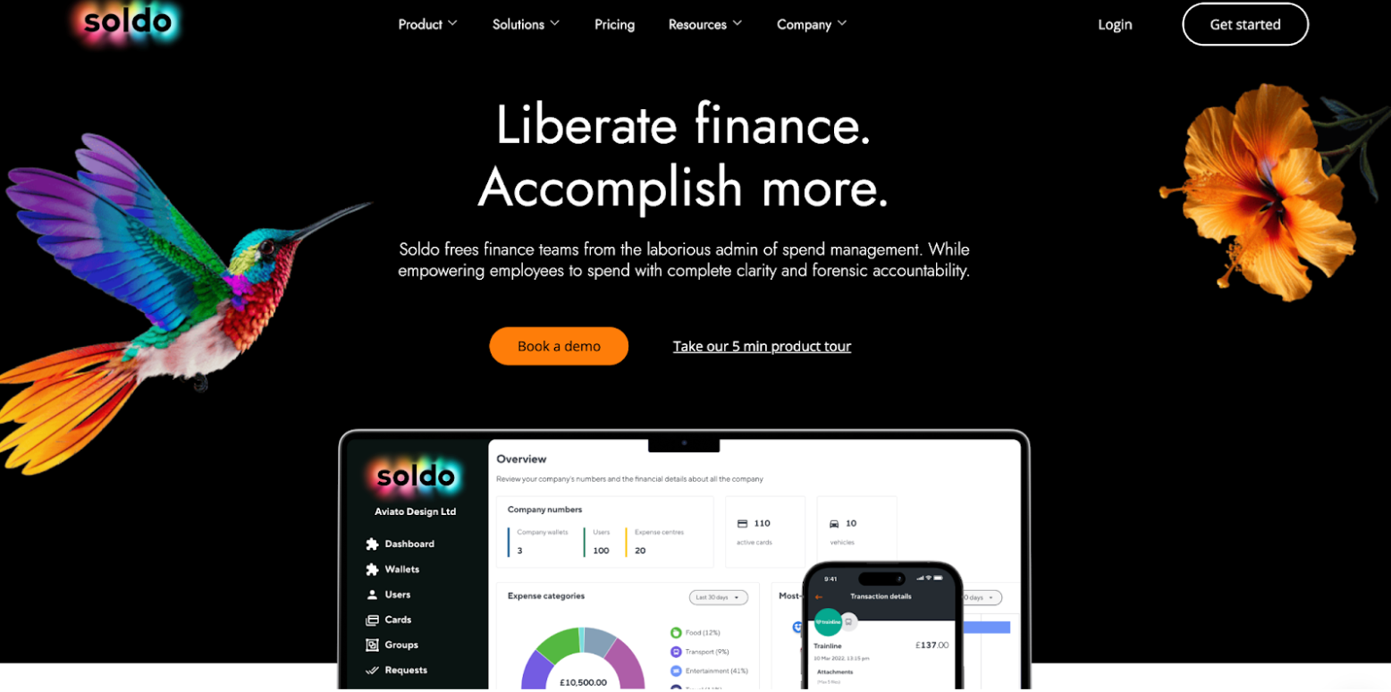 Soldo website homepage featuring a colorful hummingbird, financial dashboard on devices, and text promoting financial management solutions.
