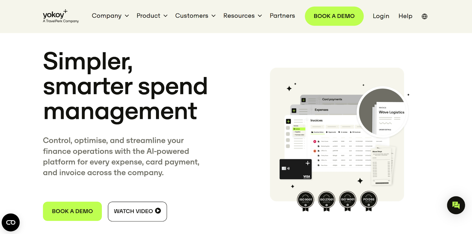 Yokoy homepage, an AI-powered spend management platform, featuring a demo button and icons for invoices, card payment, and vendor logistics.