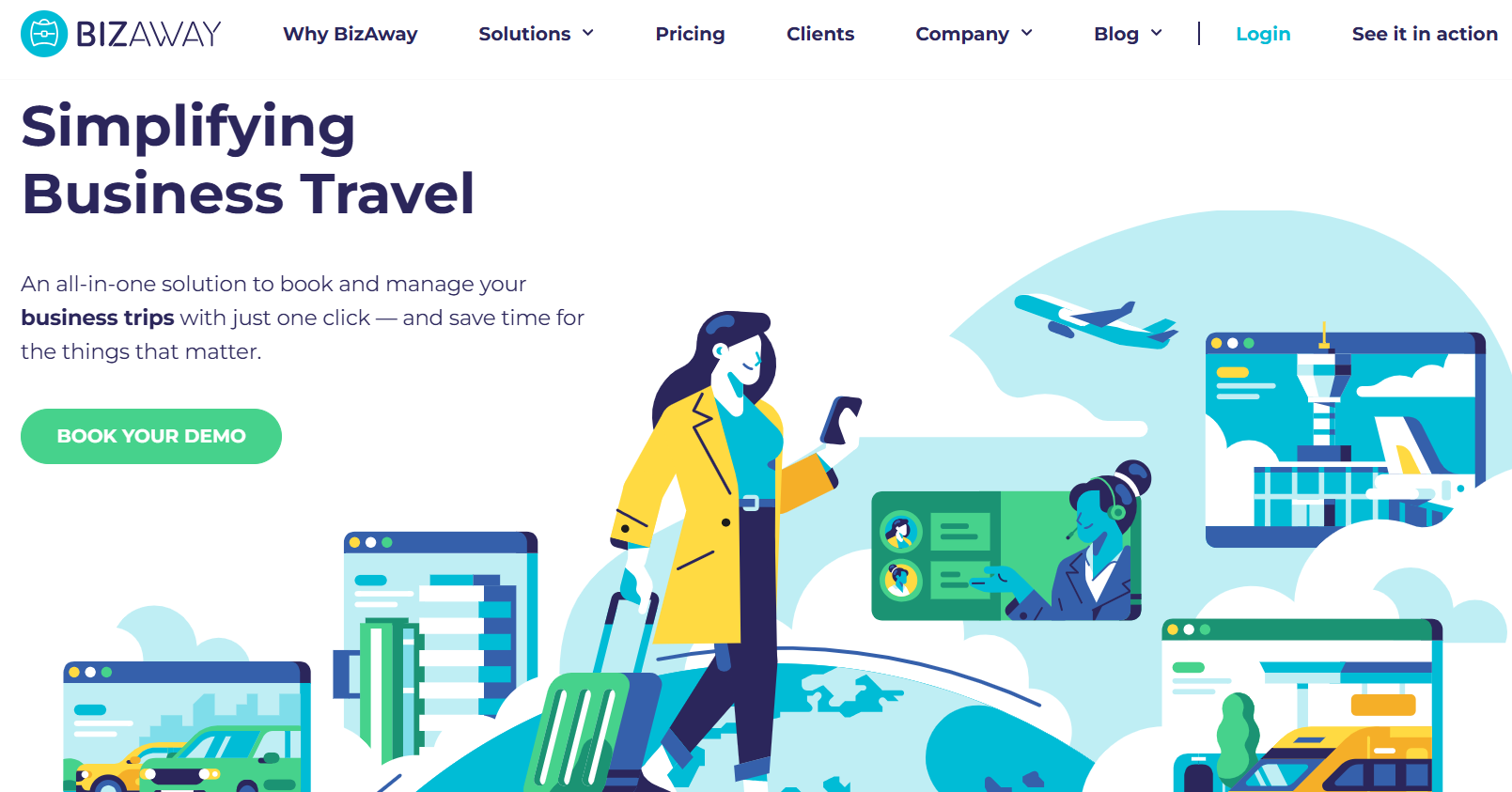 Illustration of a business traveller with a suitcase, surrounded by digital screens and transportation icons, promoting BizAway's travel management services.