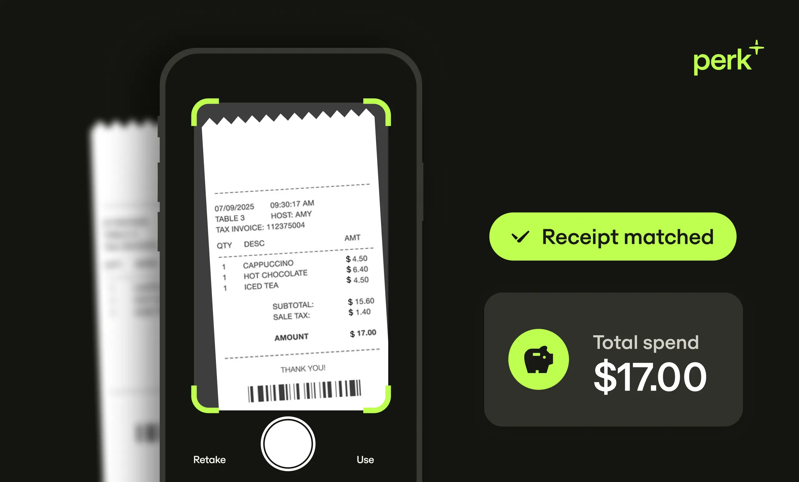 A phone screen displays a scanned receipt with drinks totaling $17.00, confirmed as matched. "perk+" logo and "Total spend $17.00" are visible.