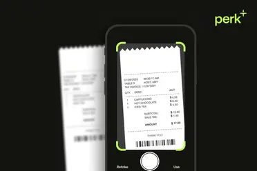 A smartphone scans a receipt showing items like cappuccino and hot chocolate, with the app "perk+" logo in the corner.