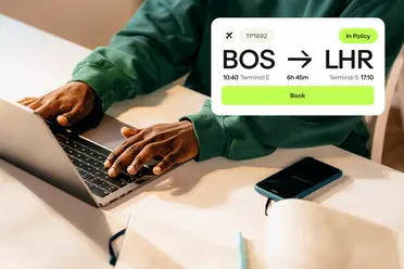 Person in green shirt using a laptop, with a flight itinerary overlay showing BOS to LHR details.