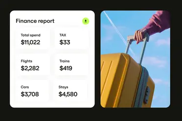 Finance report with travel expenses totaling $11,022 and split down into Tax, Flights, Trains, Cars and Stays. A person holds a yellow suitcase under a blue sky.