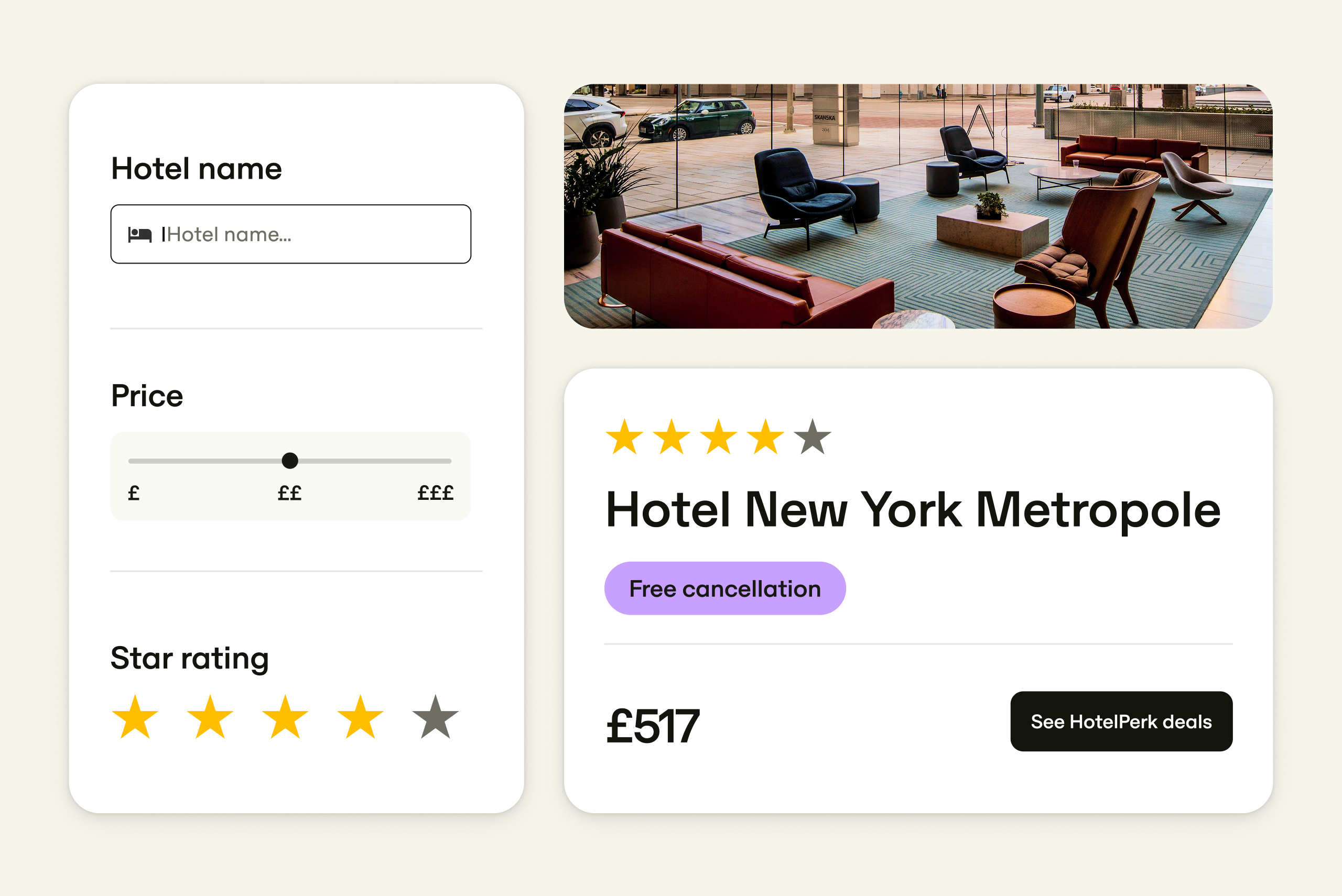 Booking interface displays hotel search with price filter, star rating, and option for free cancellation. Featured: Hotel New York Metropole, £517.