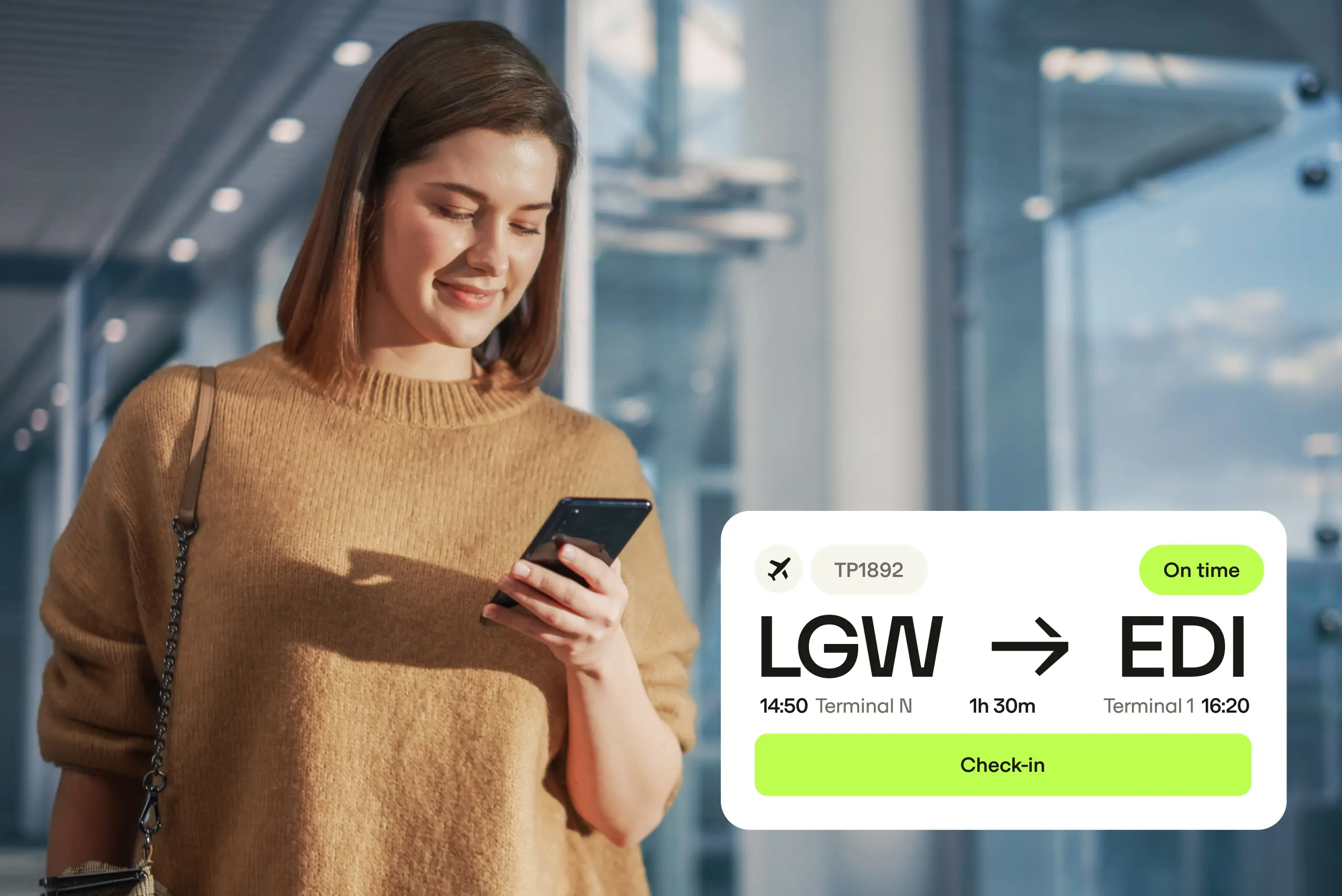 Woman at airport checking phone next to digital flight information showing LGW to EDI, flight TP1892, on time, check-in available.