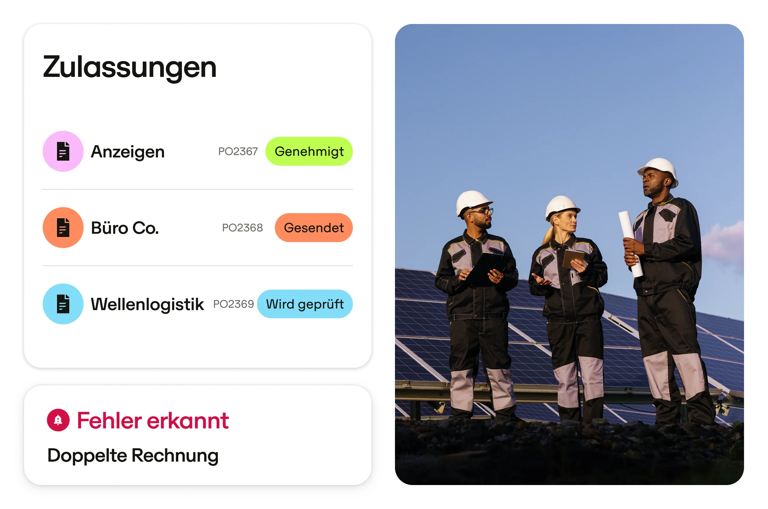 A team in work uniforms and helmets stands in front of solar panels. A digital interface shows project statuses in German.