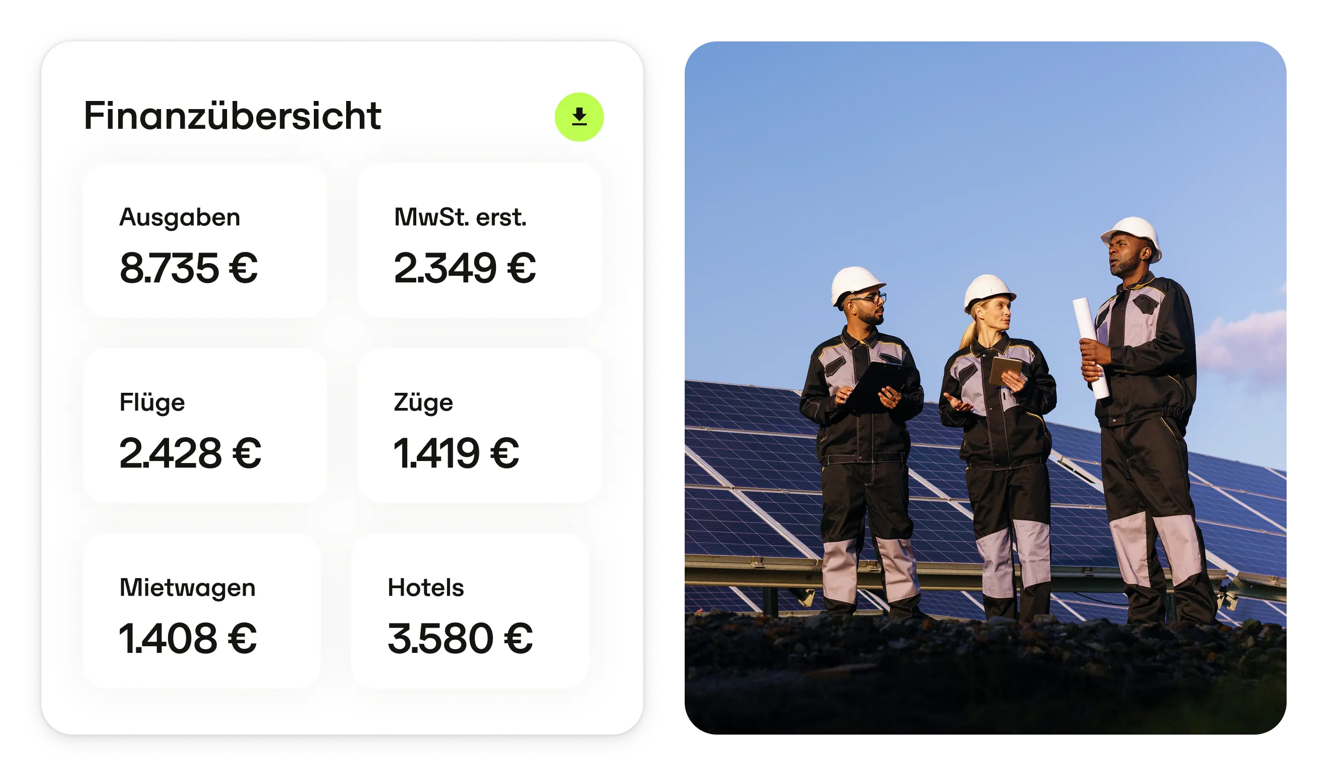 A financial overview in German alongside three workers in helmets and uniforms standing near solar panels under a clear sky.