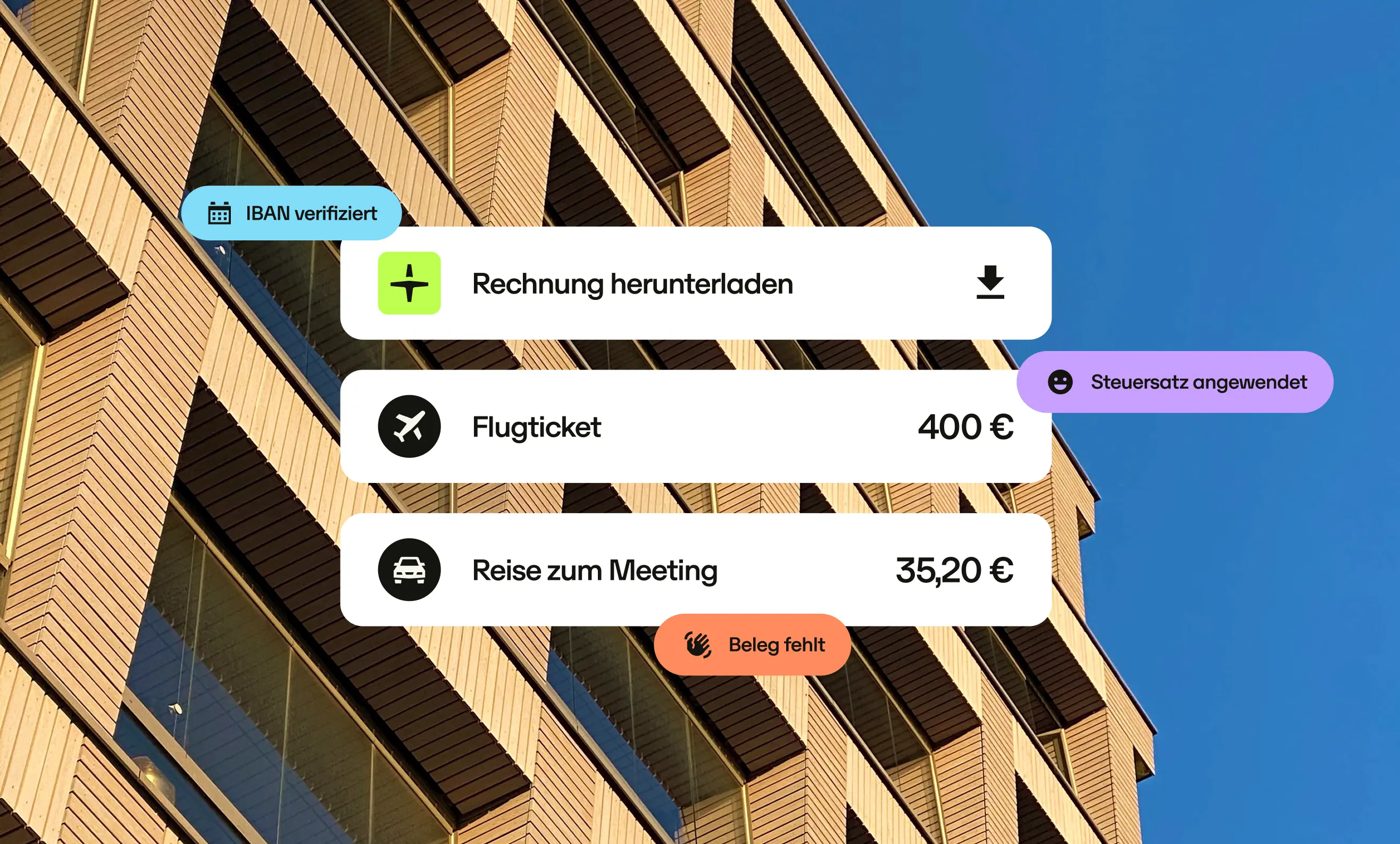 A building facade with overlayed digital notifications about downloading a bill, a flight ticket costing 400€, and a 35.20€ meeting trip expense.