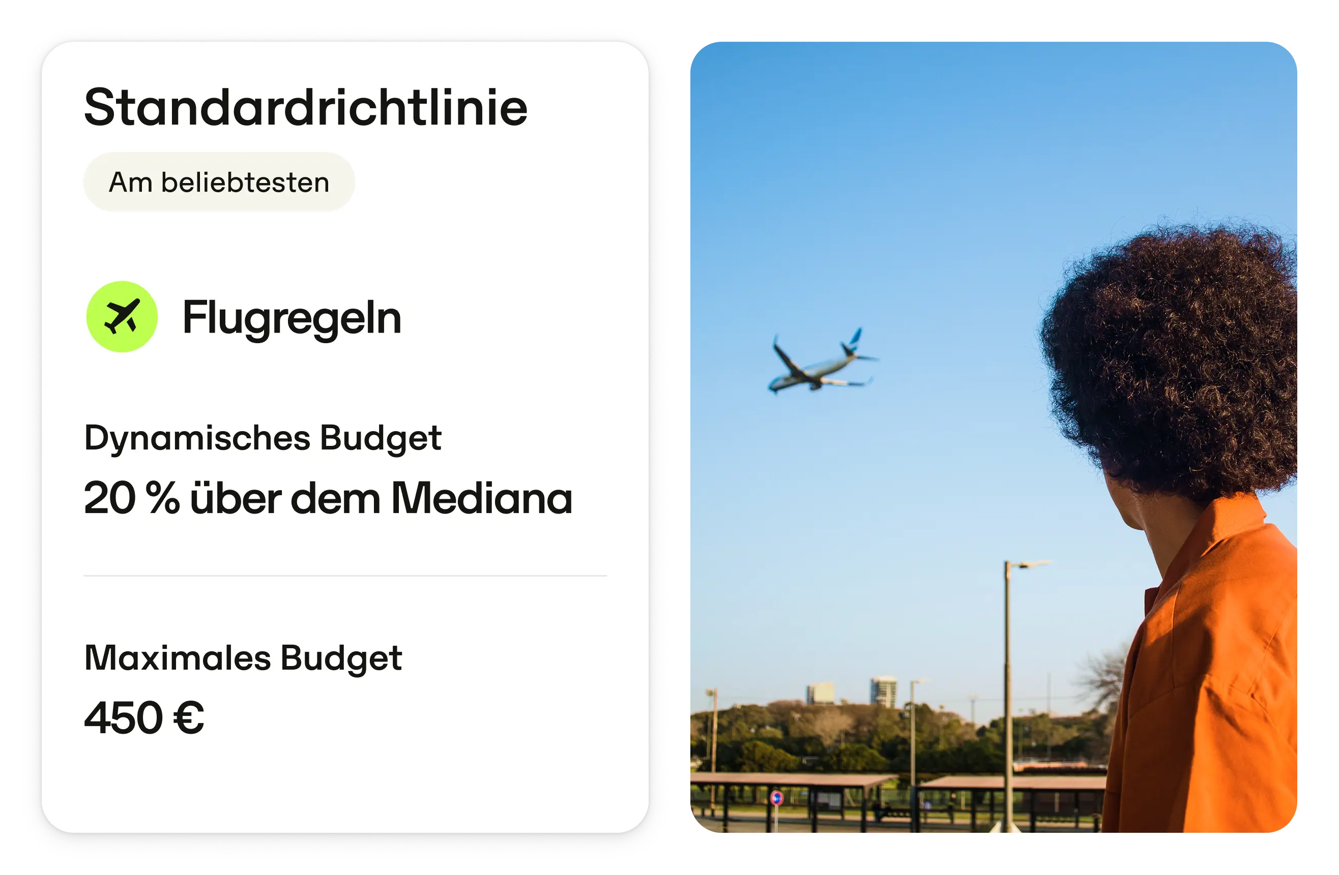 Person with curly hair watches a plane in the sky; text on the left shows flight rules and budget details in German.