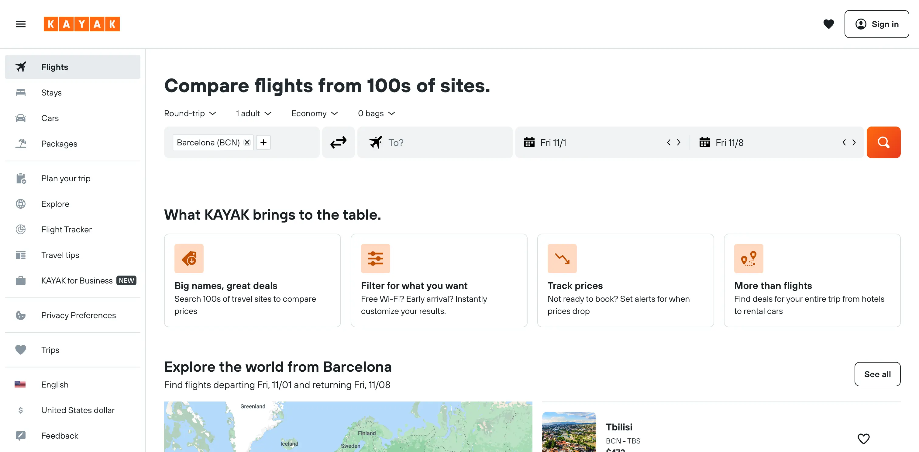 Kayak homepage