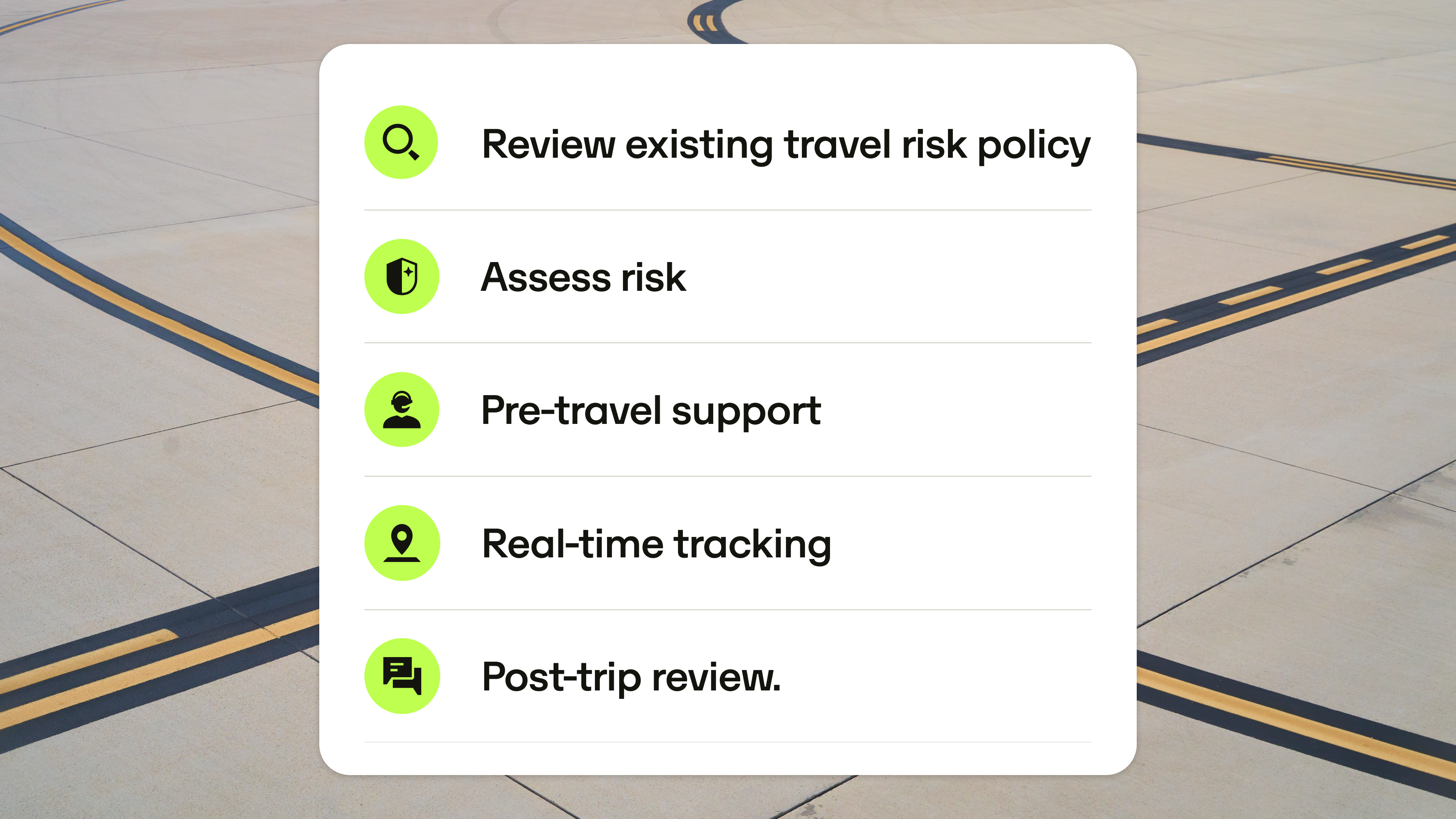 White card over airport runway listing travel risk services: review policy, assess risk, pre-travel support, real-time tracking, post-trip review.