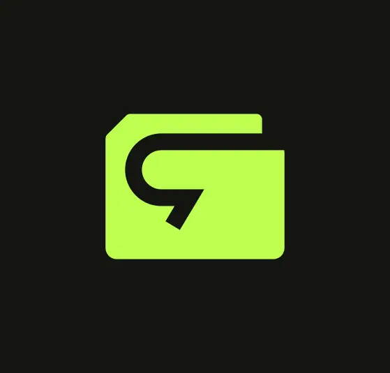 A bright green folder icon with a stylized "G" and arrow on a black background.