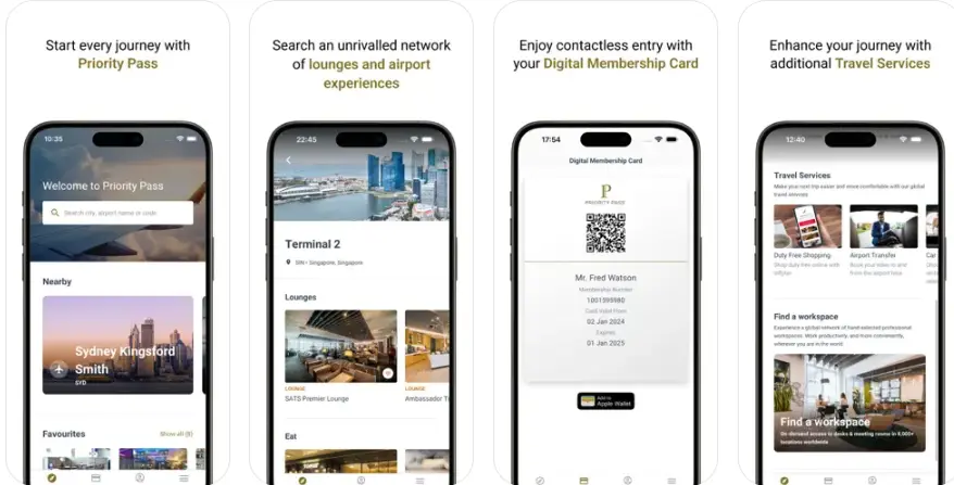 Four smartphone screens display Priority Pass app interface showcasing Priority Pass features like lounges, digital membership, and travel services.