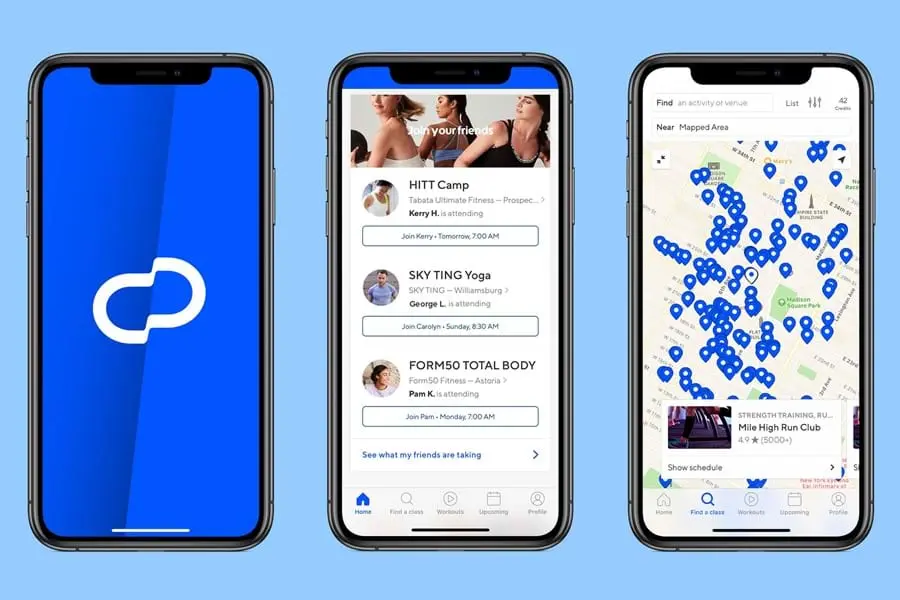 Three smartphones display ClassPass app with a logo, class listings, and a map with numerous blue location pins.