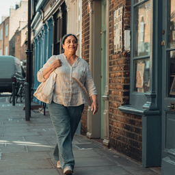 Adult walking briskly through London.