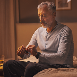 A man in his 50s preparing for bed at home wearing a small wrist sleep monitor, calm bedside lamp light