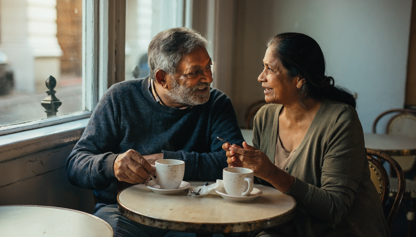 South Asian couple at a small London cafe by a window.