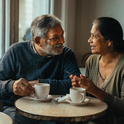 South Asian couple at a small London cafe by a window.