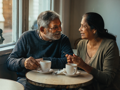 South Asian couple at a small London cafe by a window.