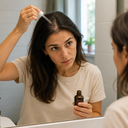 A woman applying hair serum to her scalp in a bathroom mirror
