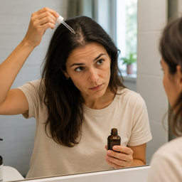A woman applying hair serum to her scalp in a bathroom mirror
