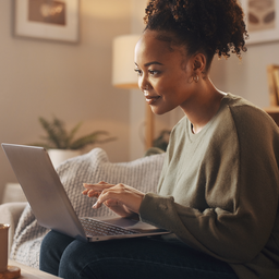 A confident person choosing a care provider on a laptop at home, empowered and calm