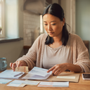 A young woman organising vaccination and health records at a kitchen table, methodical, daylight