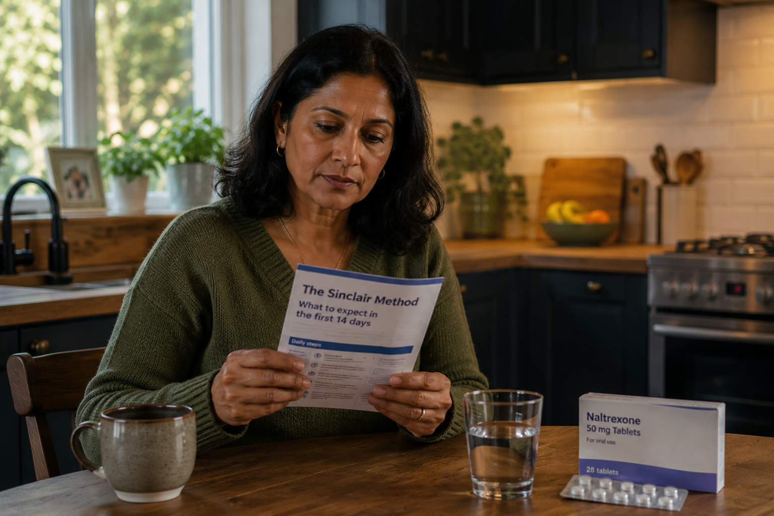 A South Asian woman sitting at a kitchen table reading treatment information
