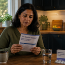 A South Asian woman sitting at a kitchen table reading treatment information