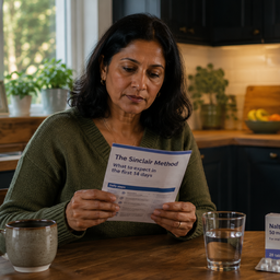 A South Asian woman sitting at a kitchen table reading treatment information