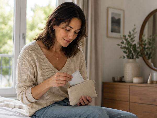 A woman at home with a personal pouch