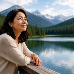 Midlife Asian woman outdoors by a lake, looking peaceful and reflective.