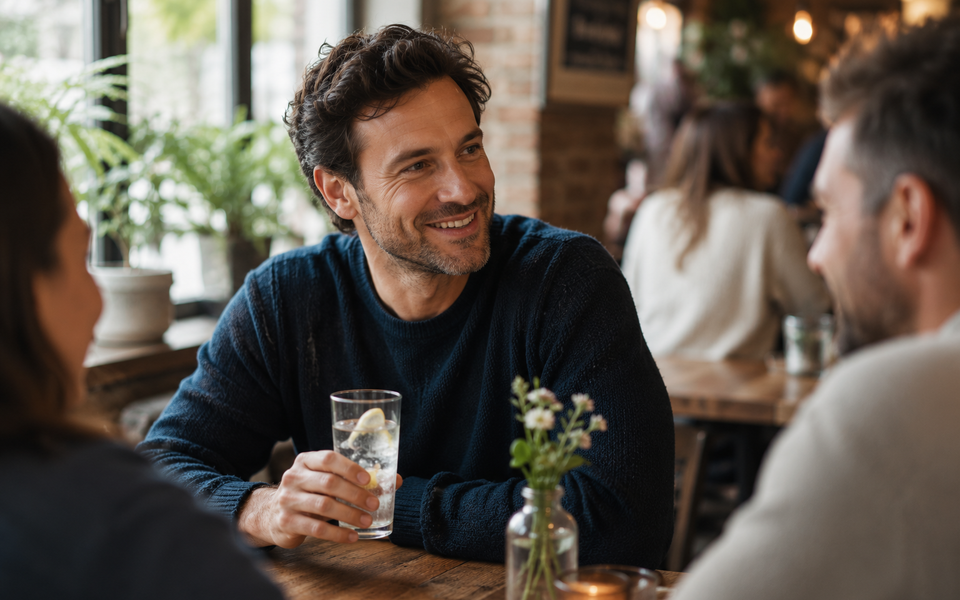 Friends enjoying a drink together at a London pub, one man relaxed and in control.