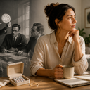 A woman today, with a 1960s scene of men examining a pill pack behind her