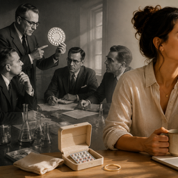 A woman today, with a 1960s scene of men examining a pill pack behind her