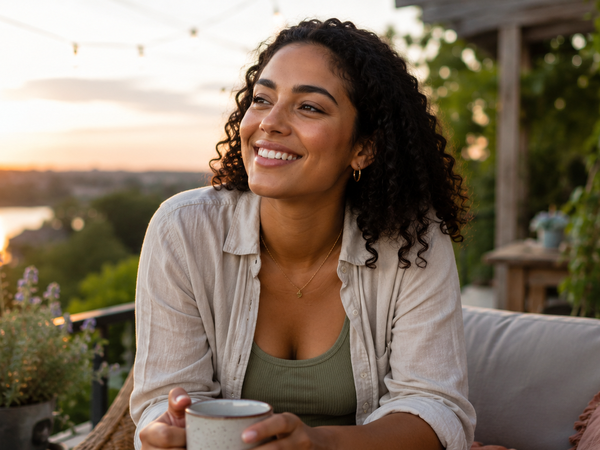 A woman relaxing at home with a warm drink