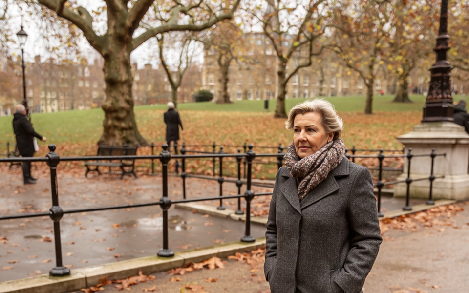 Woman in her fifties walking through an autumnal London park.