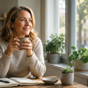 A relaxed woman sitting by a window with a warm drink in natural morning light