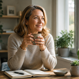 A relaxed woman sitting by a window with a warm drink in natural morning light