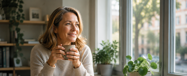 A relaxed woman sitting by a window with a warm drink in natural morning light