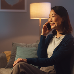 A person calmly making a phone call at home in the evening, reassured rather than alarmed